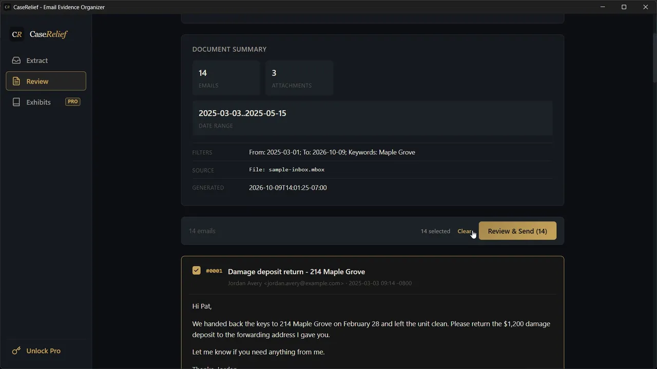 CaseRelief's Review screen: 14 emails about a rental deposit, each with a checkbox, ready to send to the Exhibit Builder